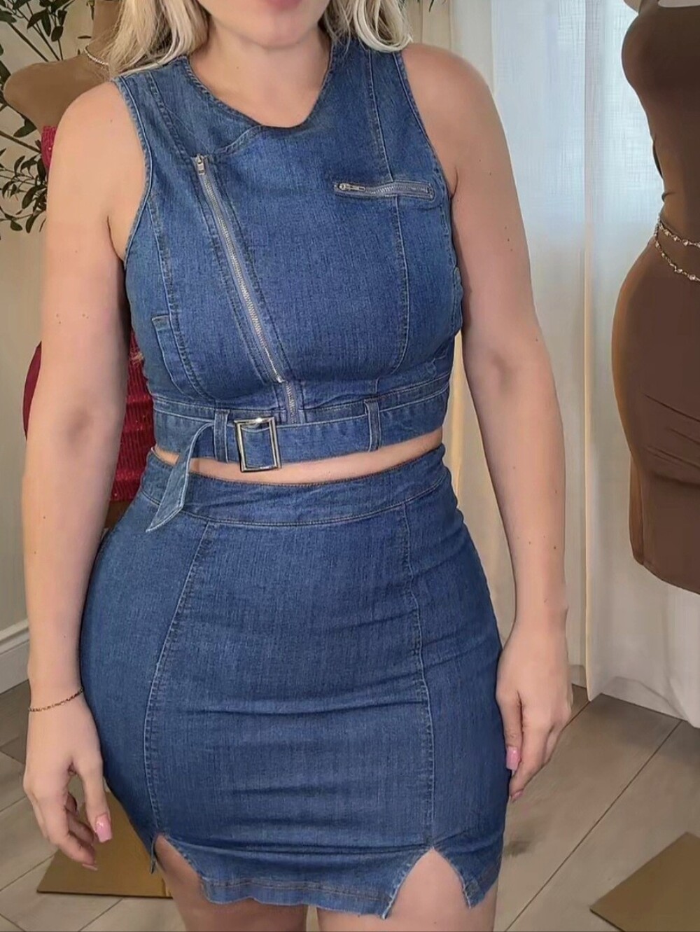 Denim Crop Top & High-Waist Skirt Set - Blue